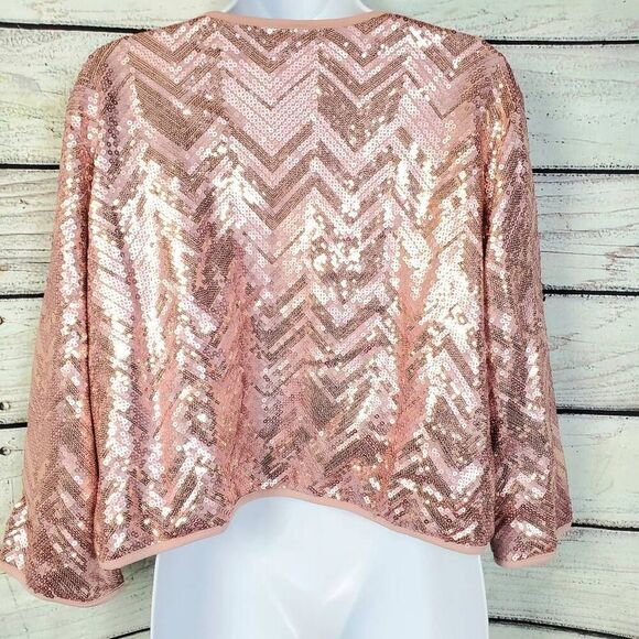 Bob Mackie Wearable Art Sequin Jacket L Pink Rose Gold Sparkle Open Front - Picture 4 of 8